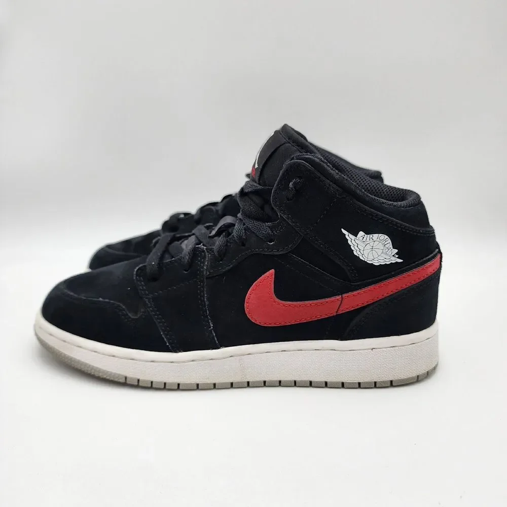 Nike Air Jordan 1‎ Mid, Suede, Black, Size 5Y Red and Blue Swoosh Boys Youth